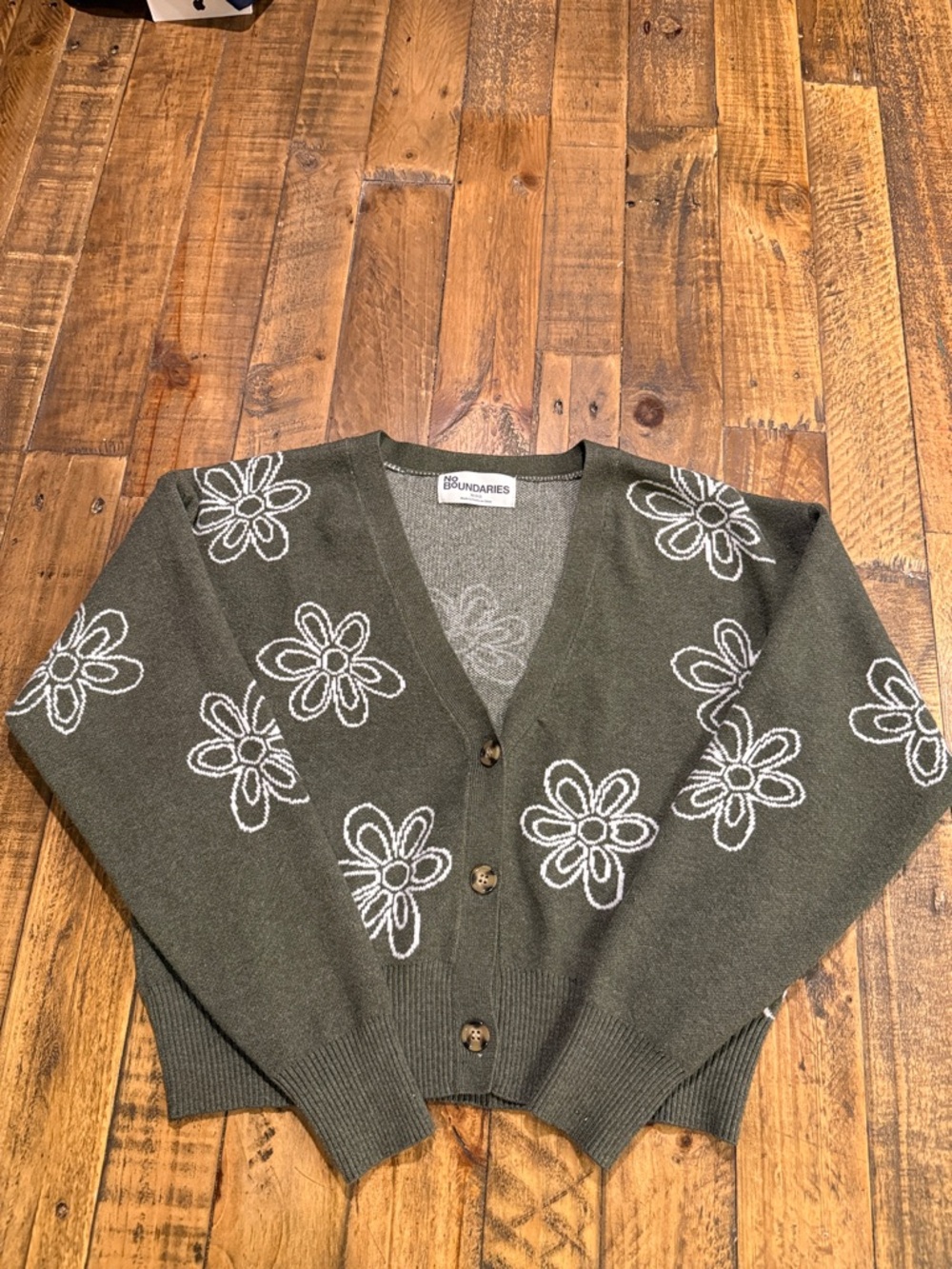 No Boundaries Olive Green Floral Button-Front Cardigan